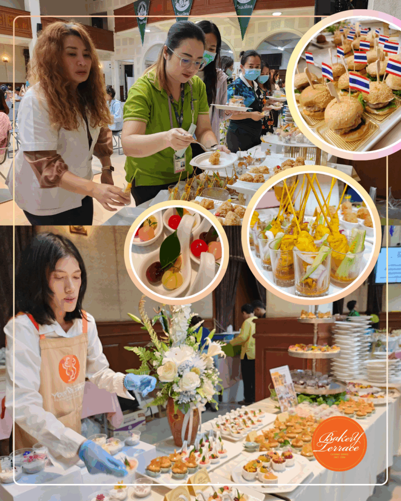 Elegant cocktail food presentation event. จัดอาหารค็อกเทล ศิริราช finger foods หลายเมนู