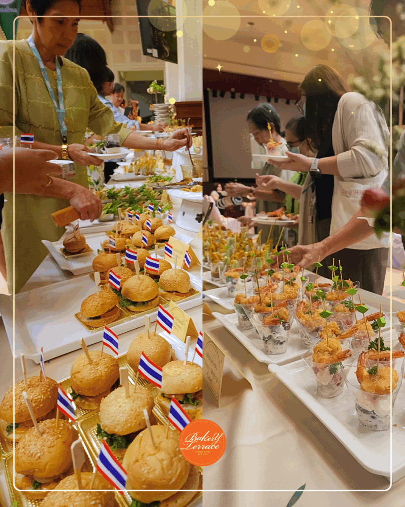 Elegant cocktail food presentation event. People serving food at a buffet. ร้านเบเกอร์รี่เทอเรส รับจัดอาหารนอกสถานที่ food cocktail / finger foods ร้านเบเกอร์รี่เทอเรส Bakery Terrace