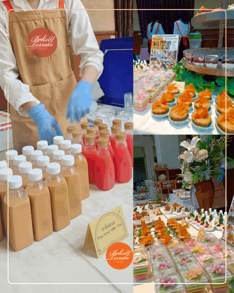 Colorful cocktails and elegant appetizers displayed. Thai Tea and various drink menus